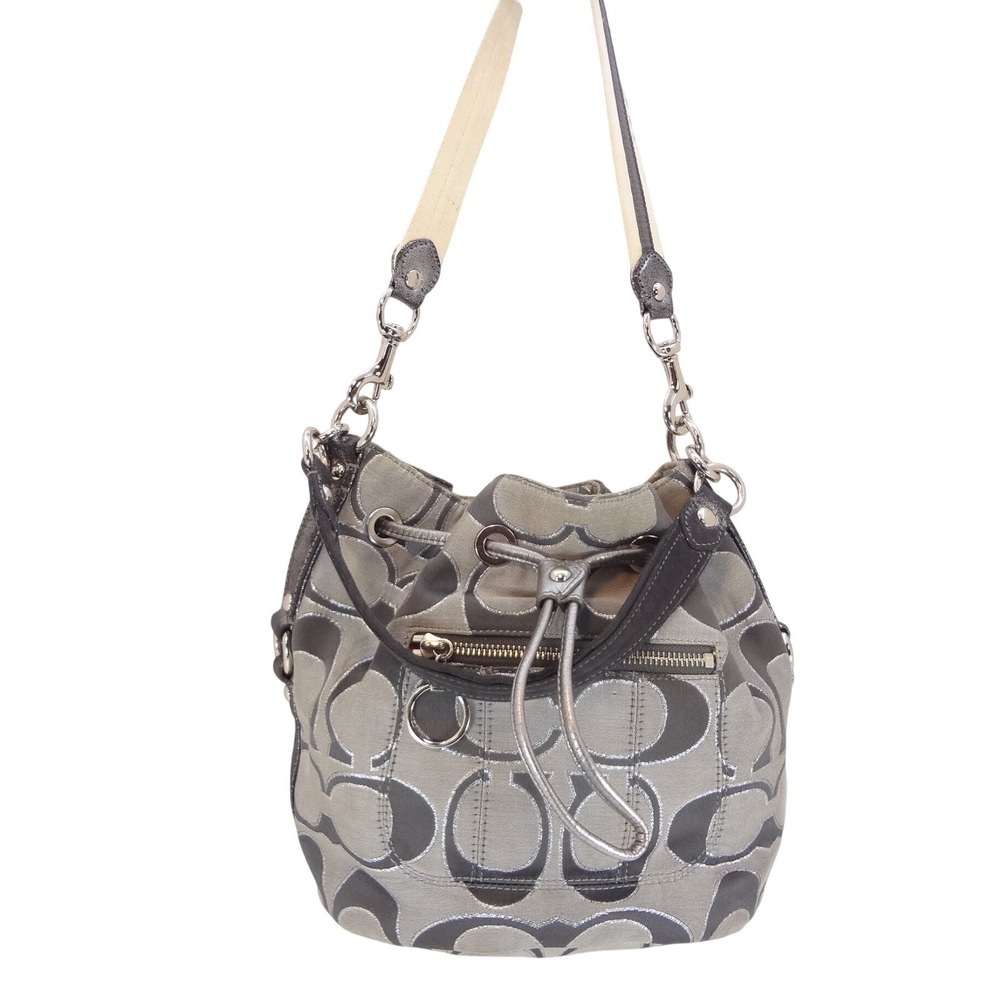 Coach Poppy Bucket Bag Medium Grey Silver Good Drawstring